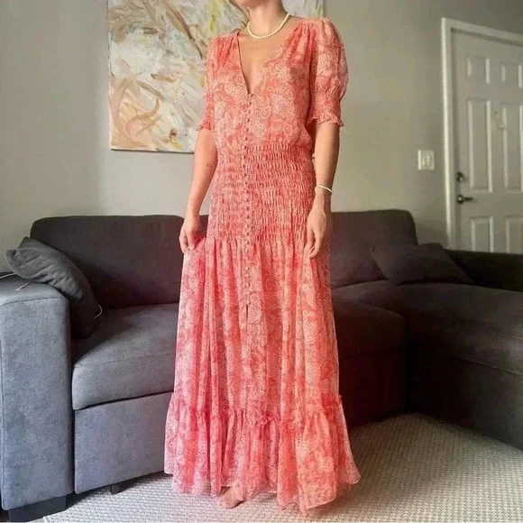 MISA Los Angeles Parisa Maxi Dress - Coral Pink White Floral Pattern - Size S - Picture 2 of 12